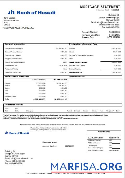Downloadable Samoa Bank of Hawaii mortgage statement in Word and PDF formats example